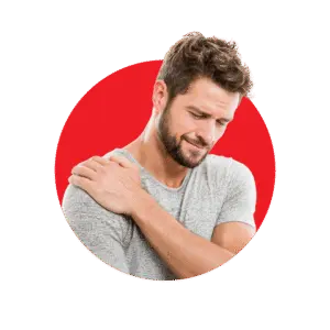 Man holding his shoulder showing muscle pain soreness and discomfort